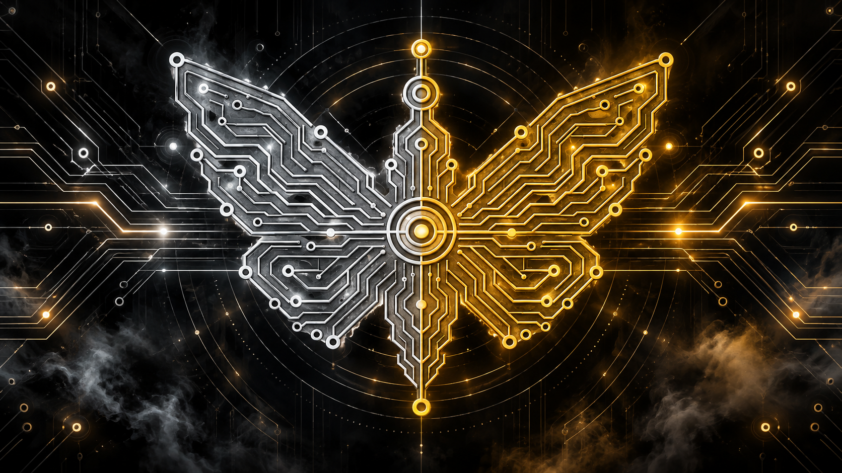 Silver and gold circuit moth radiating across a dark signal field