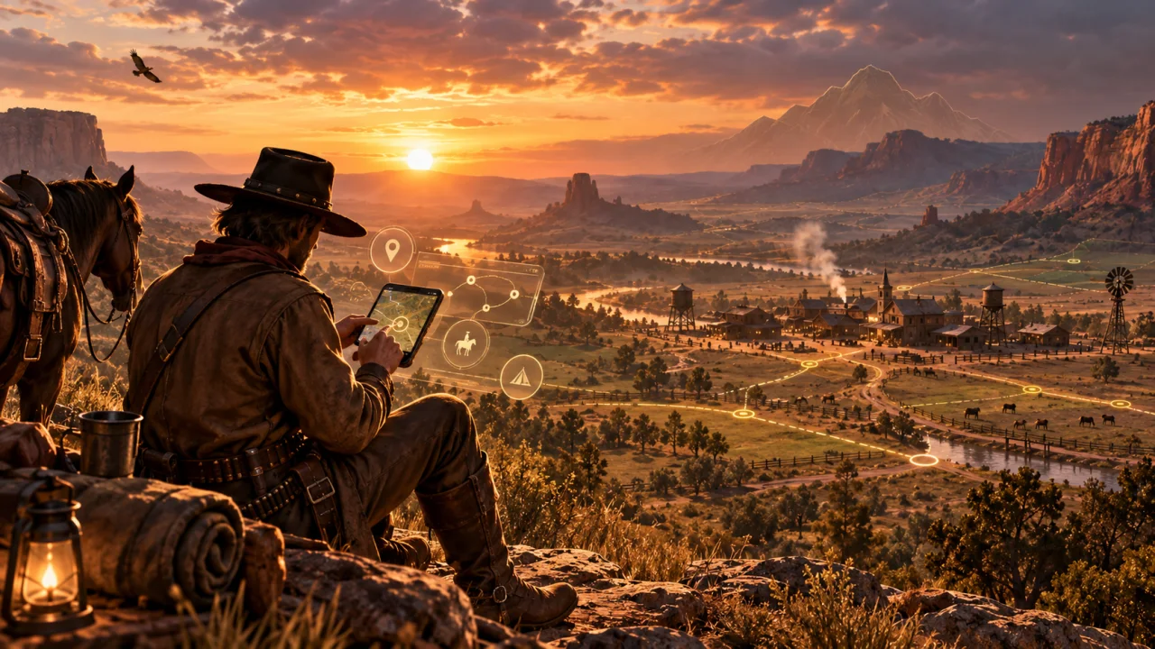 A rider uses a tablet while overlooking routes across the frontier.