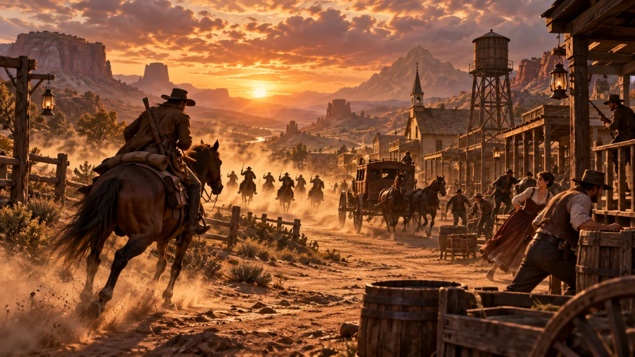 Riders approach a busy frontier town at sunset.