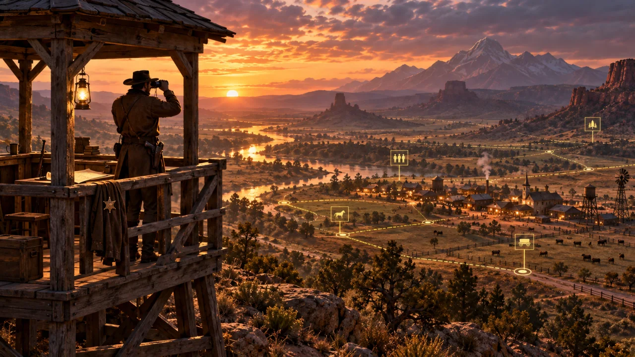 A lookout with binoculars surveys a frontier valley and marked routes.