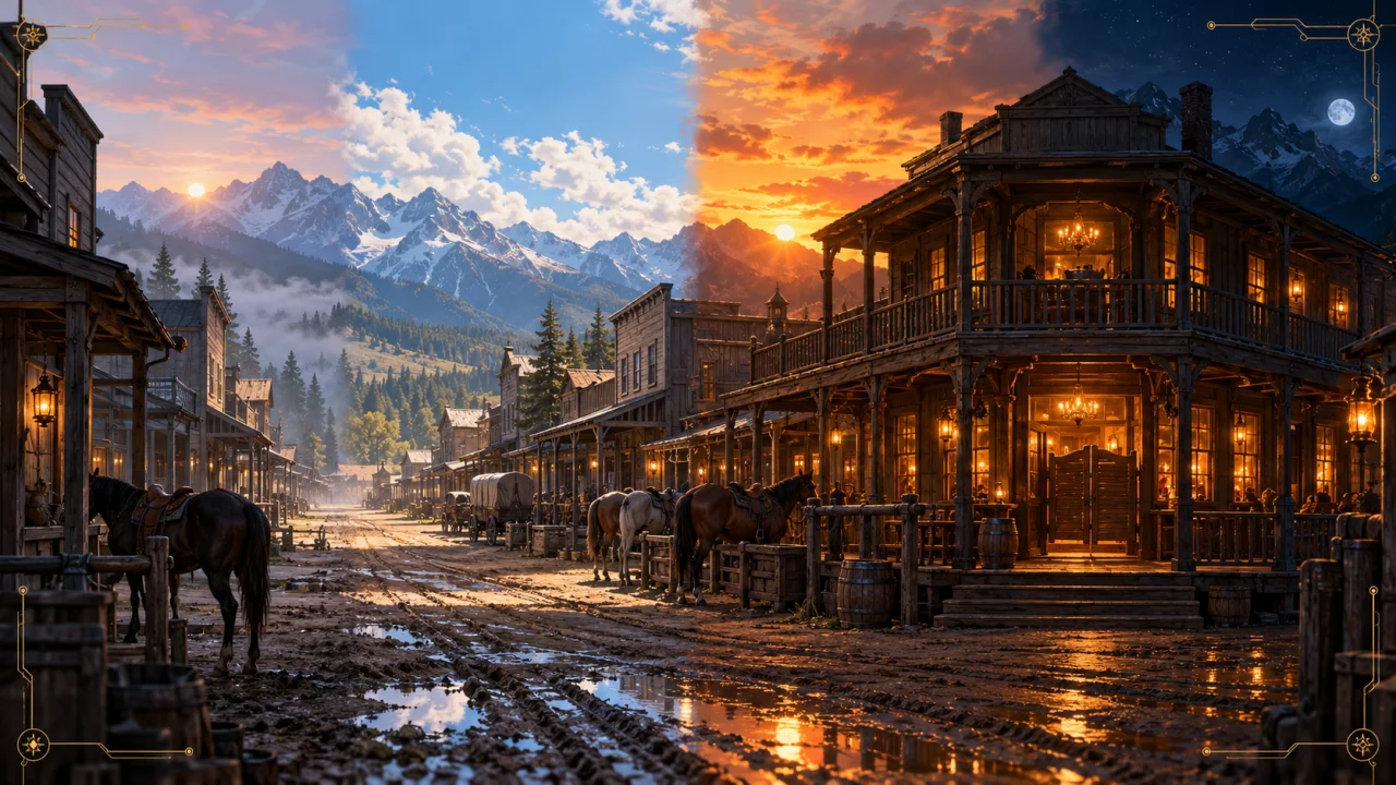 An Old West street changes from dawn through daylight and sunset to lantern-lit night.