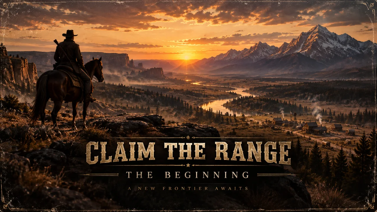 A rider overlooks a sunset frontier beneath the Claim the Range title.