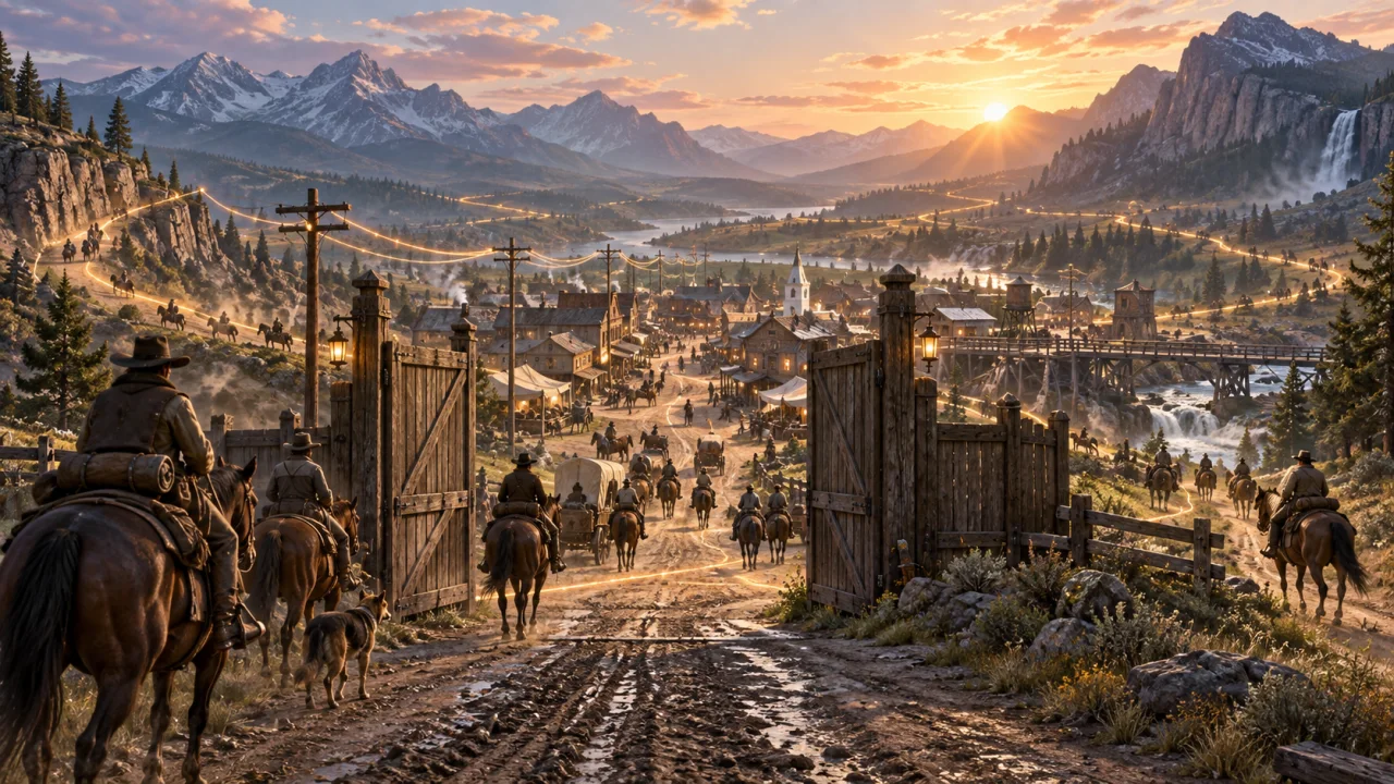 Riders and wagons pass through open gates toward a bright, active frontier town at sunrise.