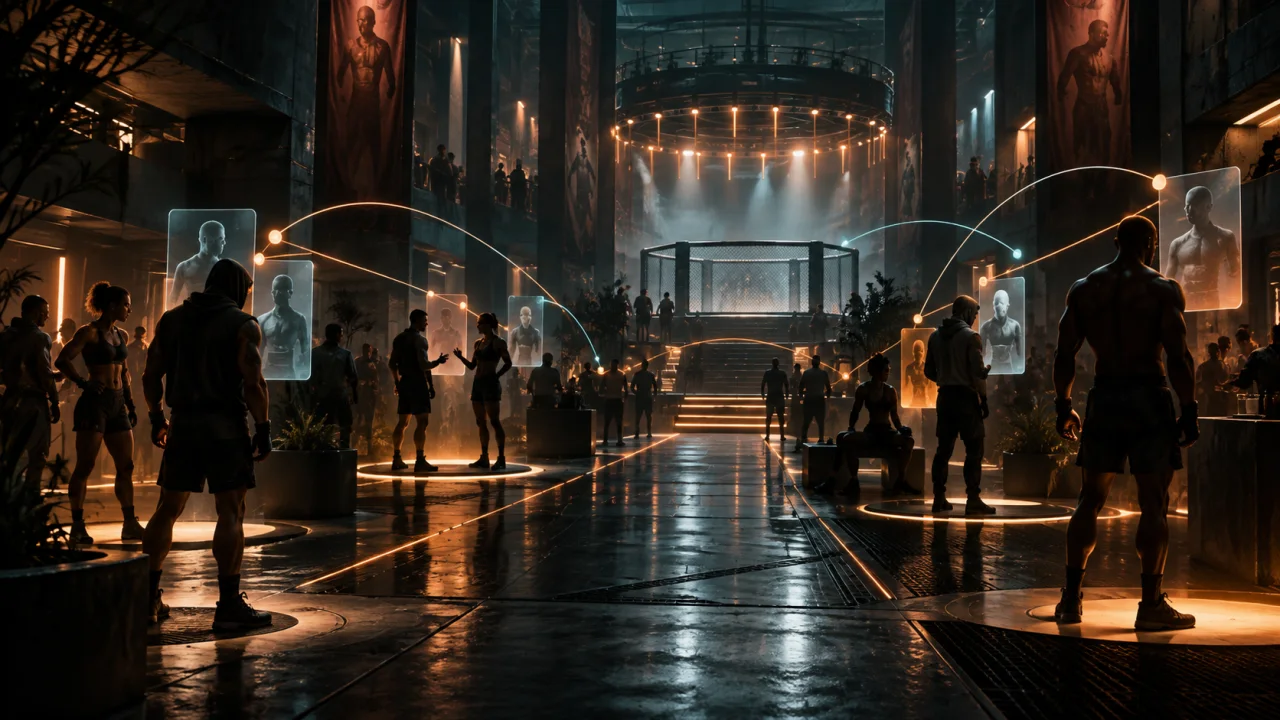 Fighters gather in a teal-lit lobby with illuminated paths leading toward a cage.