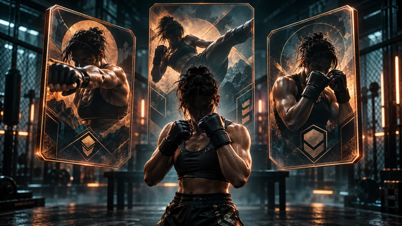 One fighter stands before three copper-lit cards showing a punch, a kick, and a guarded stance.