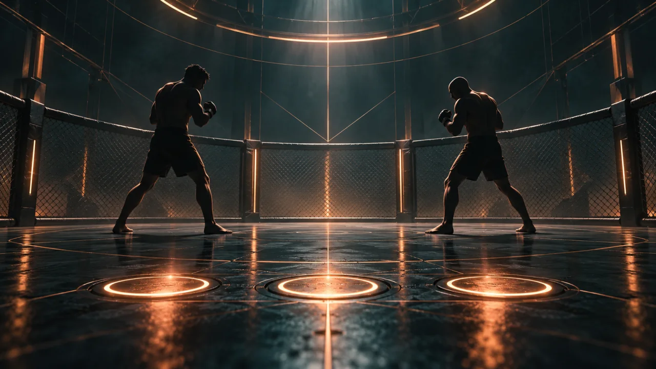 Two fighters face each other in a dark teal cage above three glowing round markers.