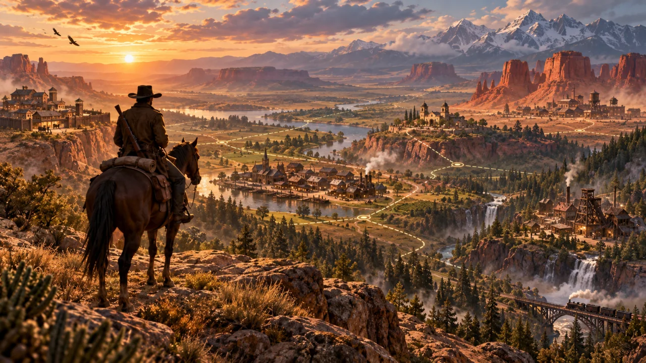 A rider overlooks towns and rivers spread across a wide frontier landscape.