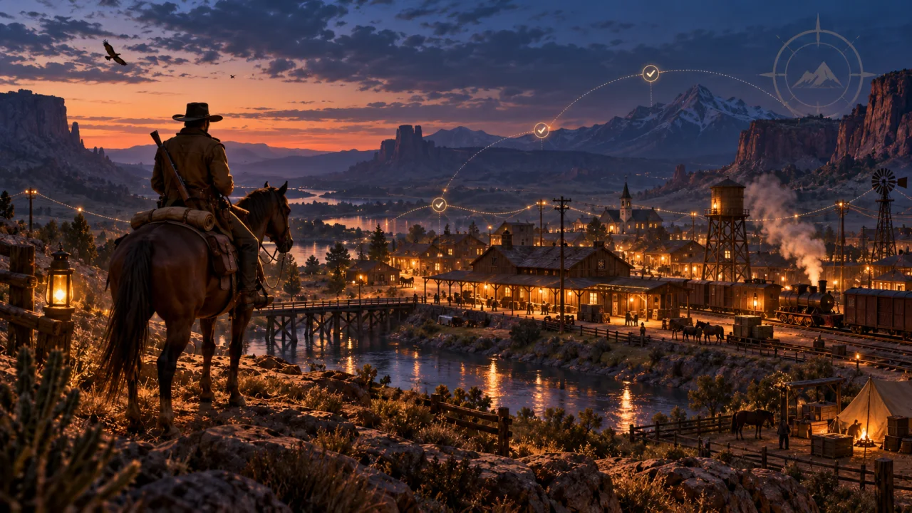 A rider overlooks a lit frontier settlement at dusk.
