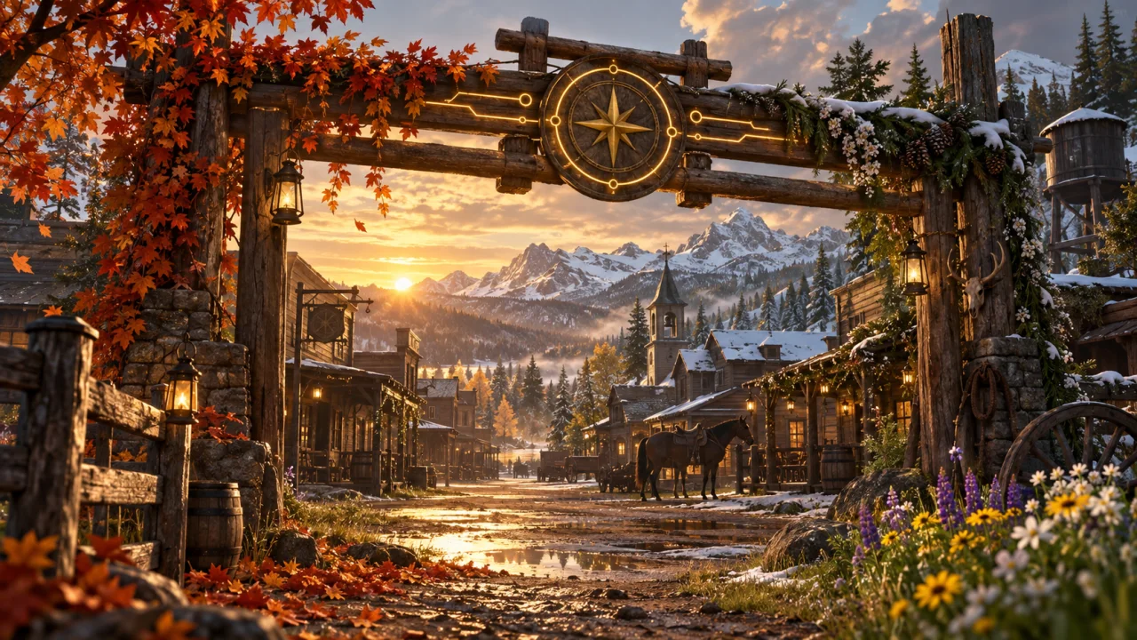 A frontier town gateway blends autumn leaves, winter snow, spring flowers, and warm seasonal light.