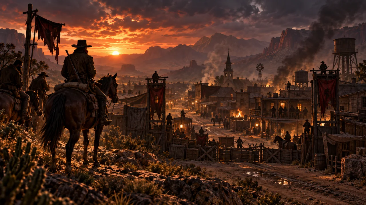 Riders approach an occupied town marked by dark banners.