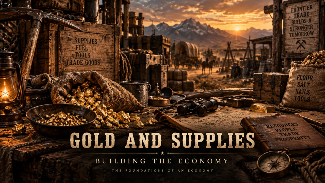 Gold and supplies arranged at a frontier trading post.