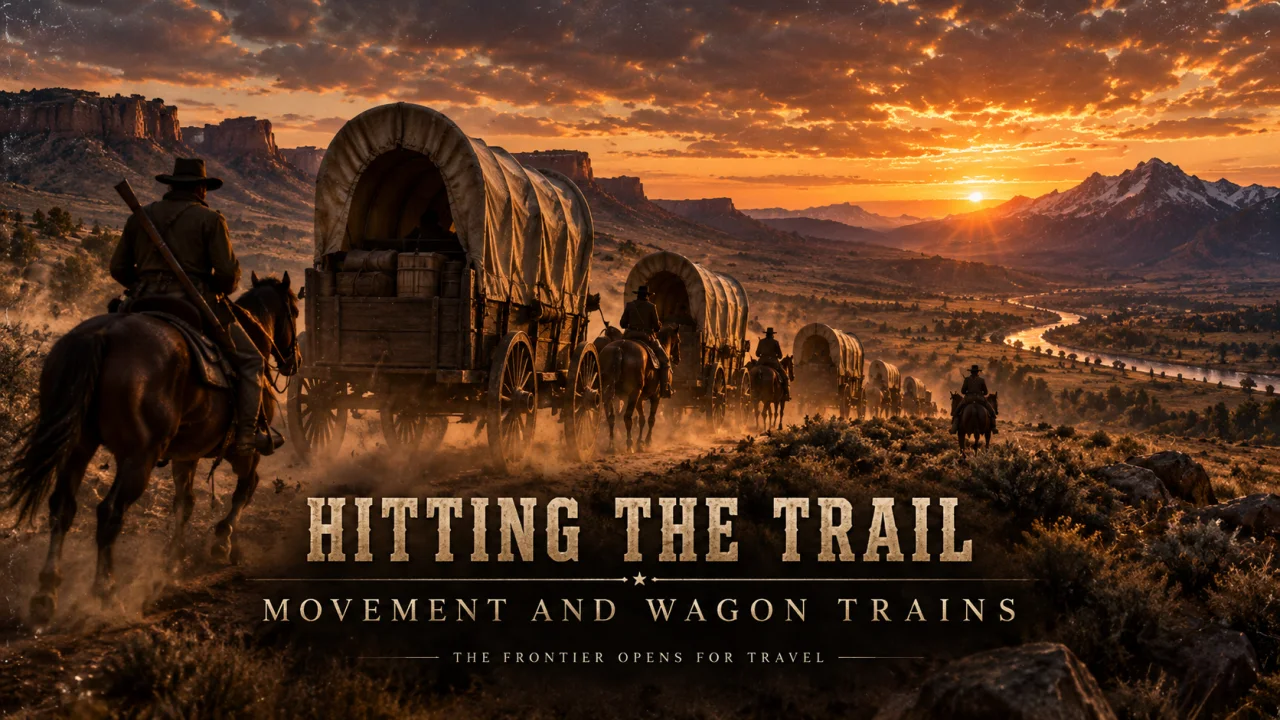 A wagon train crosses a frontier valley at sunset.