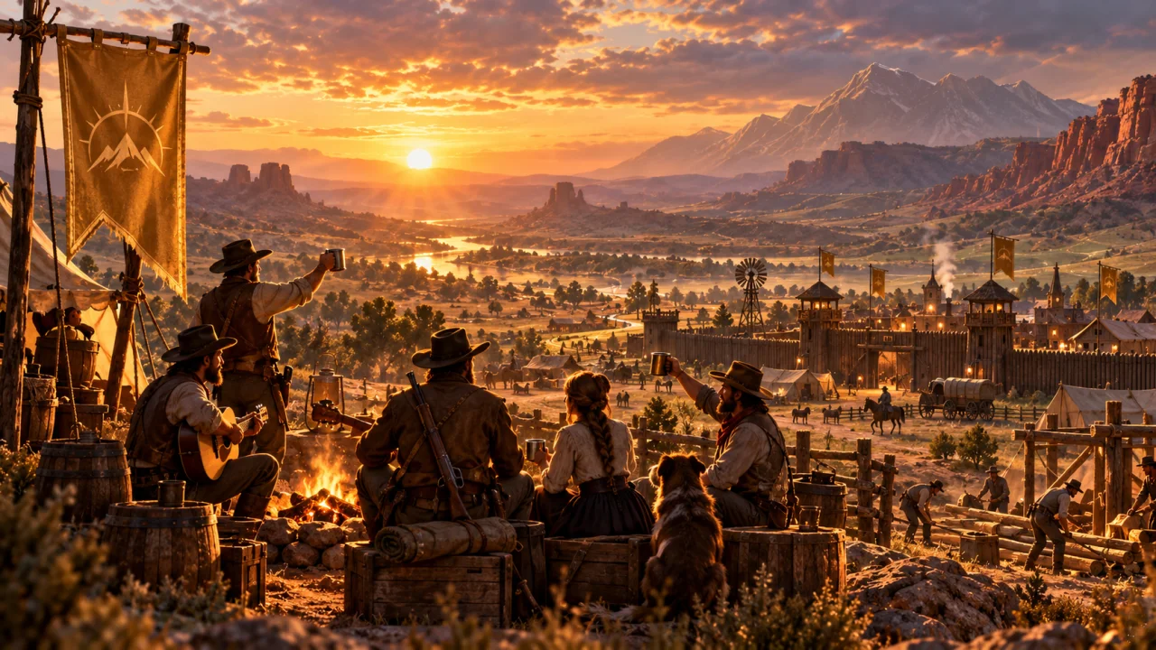 A group gathers around a campfire overlooking a frontier town.