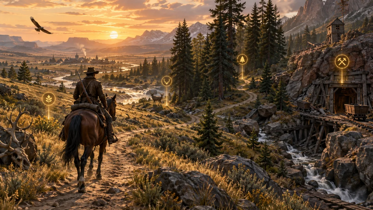 A rider follows a trail through plains, forest, and an abandoned mine marked by varied golden symbols.
