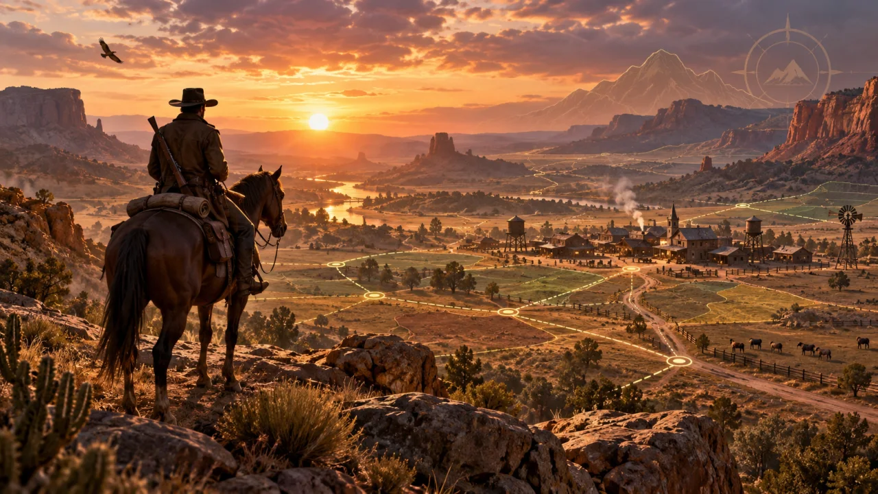 A rider looks over the frontier at sunset with route markers across the valley.