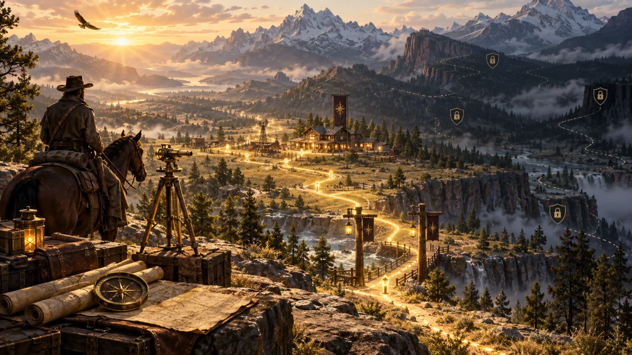A surveyor and rider overlook a glowing public trail while protected routes remain deeper in the frontier.