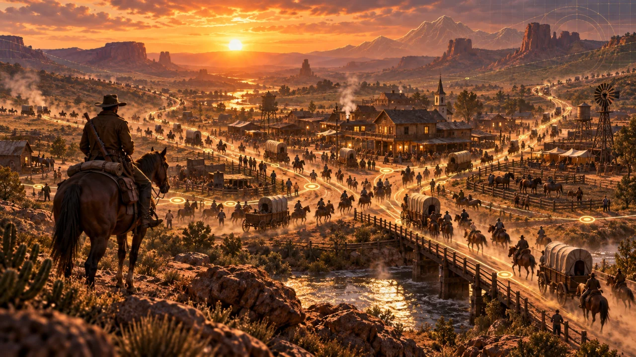 Travelers and wagons fill a frontier town beneath a sunset sky.