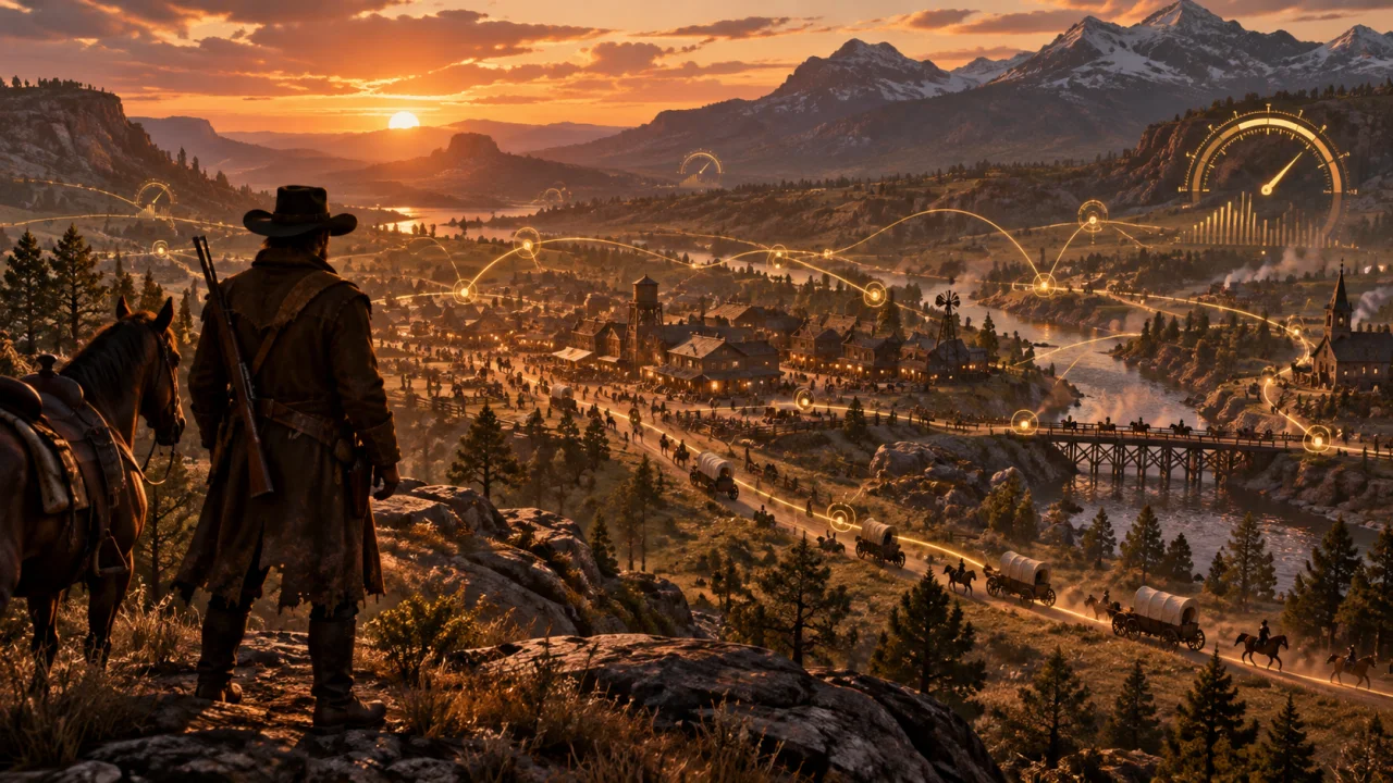 An observer watches riders, wagons, and glowing route markers moving through a busy frontier valley.