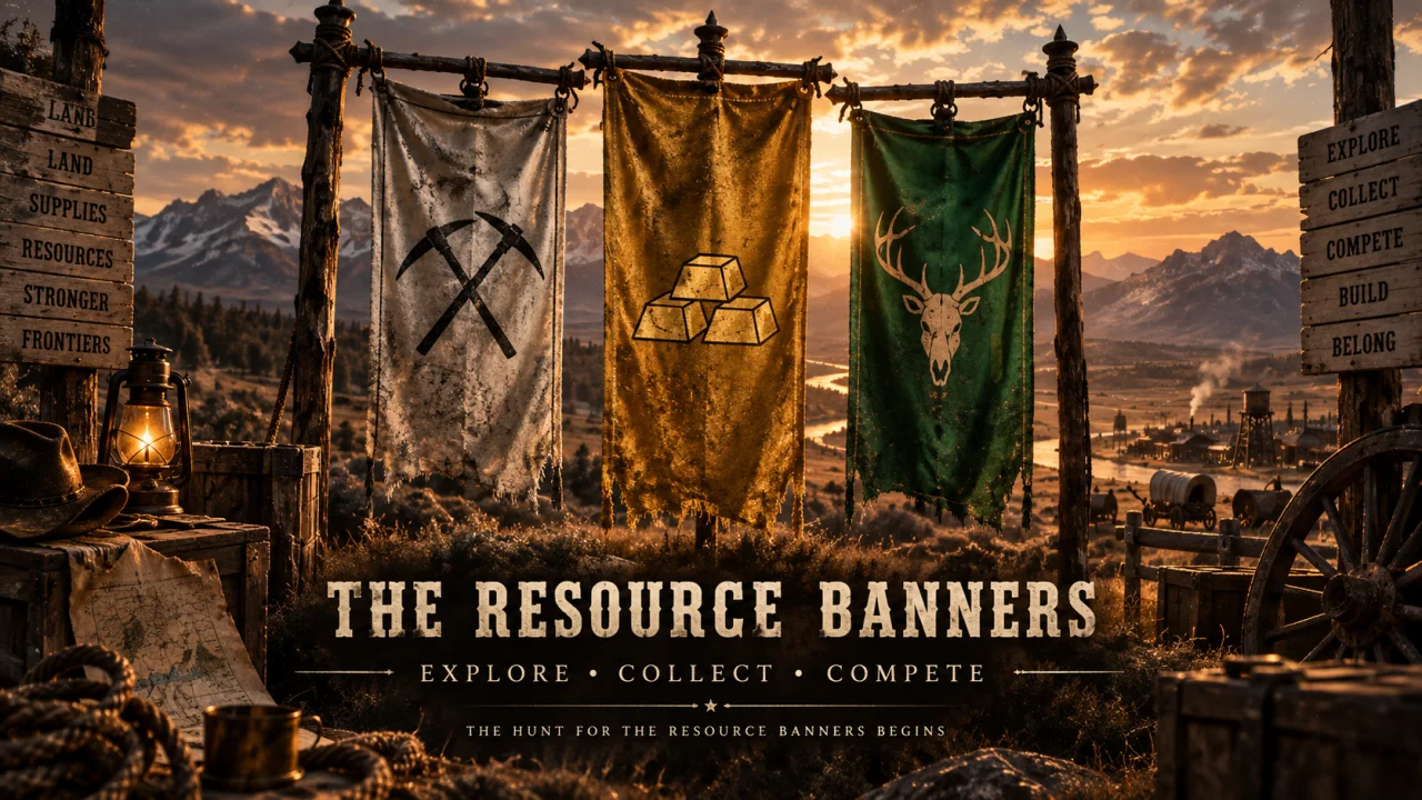 Silver, gold, and green resource banners hang above the frontier.
