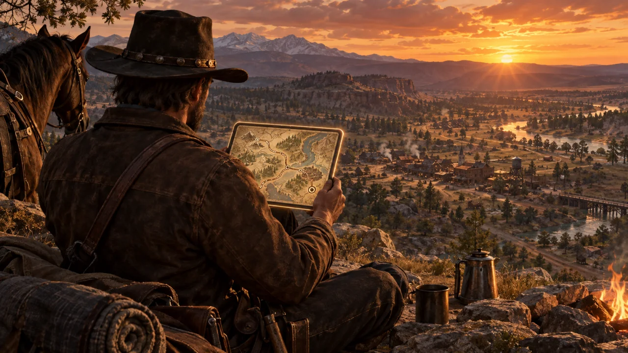 A frontier rider studies a glowing route map on a tablet while overlooking the live game world.